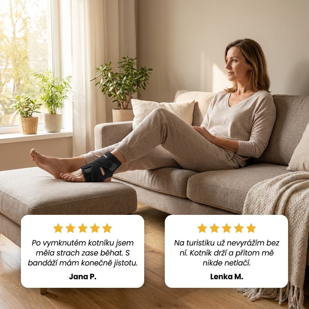 Žena s nastavitelnou bandáží na kotník na gauči, recenze zákazníků